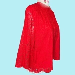 Red Hot Lace Top, Intricate Lace, high round neck, keyhole back, Sz L, lined